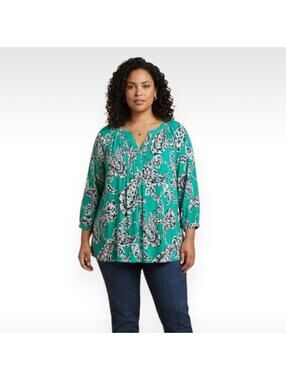 Crown & Ivy Green Paisley Tunic Blouse 3/4 Sleeve - Size XL - Flowy Relaxed Fit